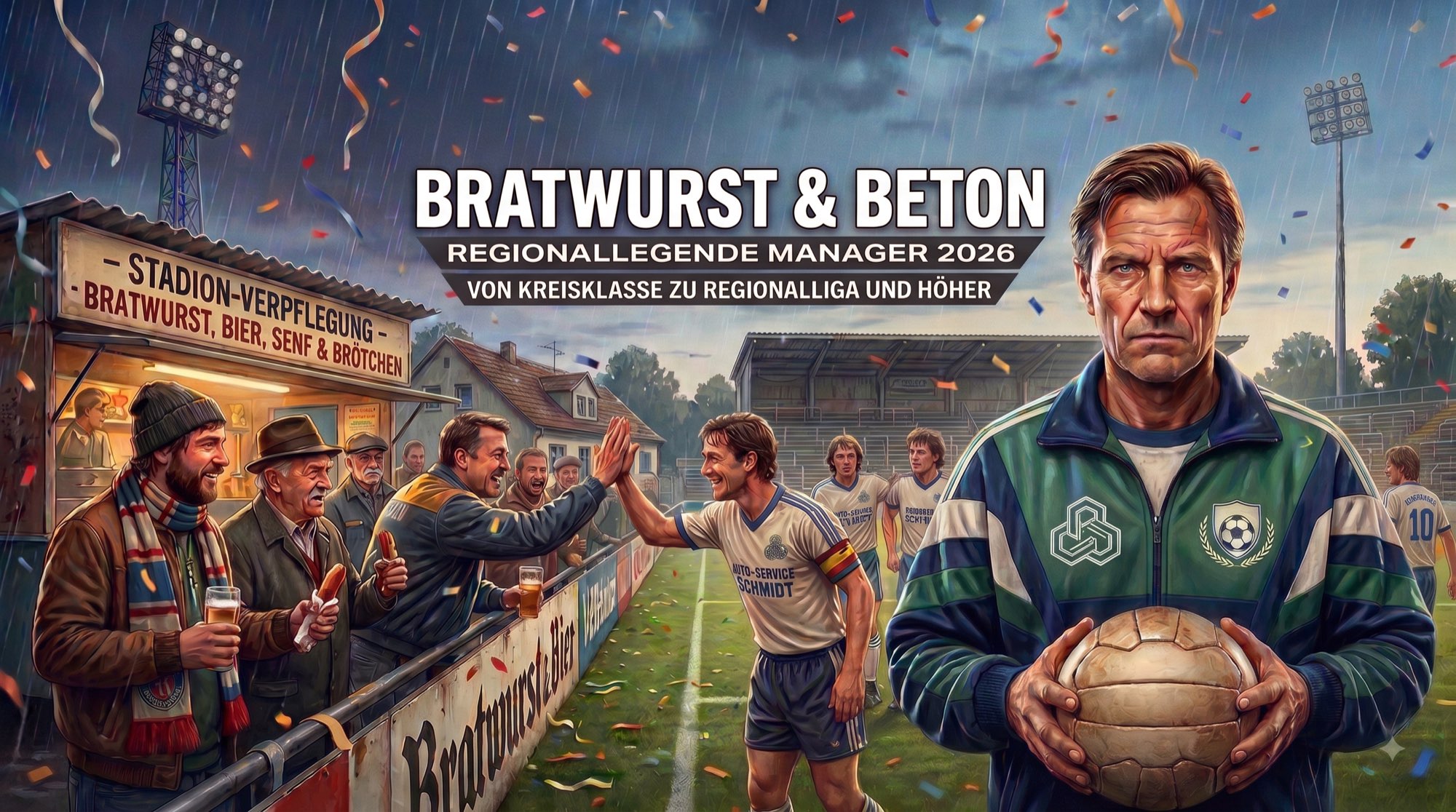 Bratwurst & Beton — Regionallegende Manager 2026. Von der Kreisklasse zur Regionalliga und höher.